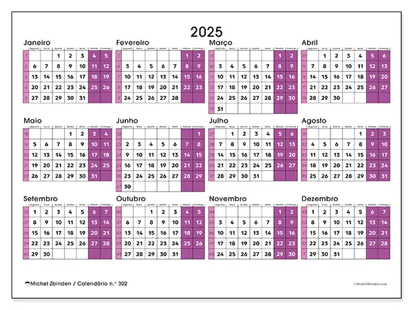 Calendário para imprimir n° 302, 2025