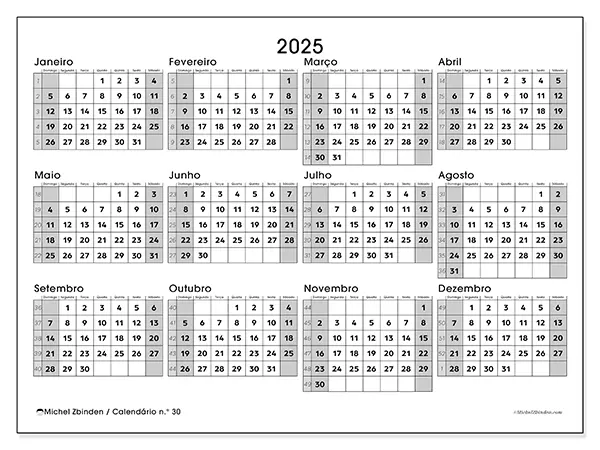 Calendário n.° 30 gratuito para imprimir, 2025. Semana:  
