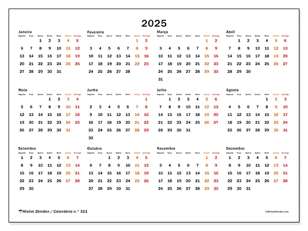 Calendário para imprimir n° 321, 2025