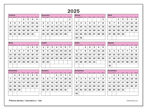 Calendário n.° 341 gratuito para imprimir, 2025. Semana:  
