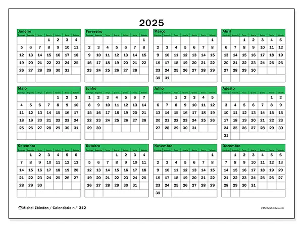 Calendário n.° 342 gratuito para imprimir, 2025. Semana:  