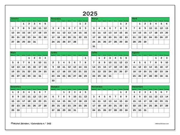 Calendário n.° 342 gratuito para imprimir, 2025. Semana:  