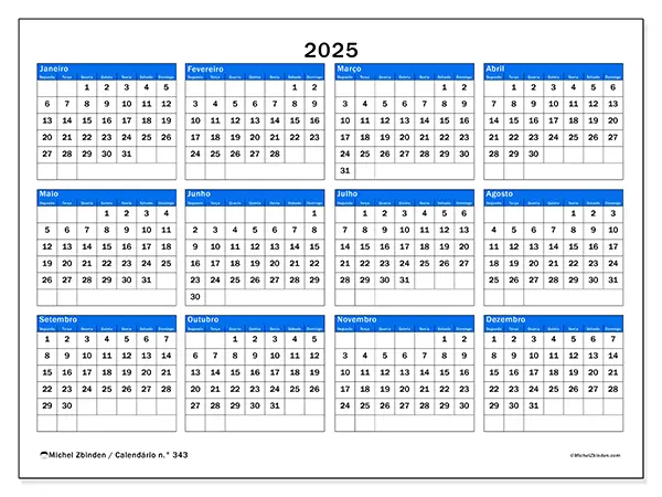 Calendário n.° 343 gratuito para imprimir, 2025. Semana:  