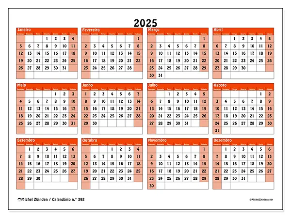 Calendário para imprimir n° 392, 2025
