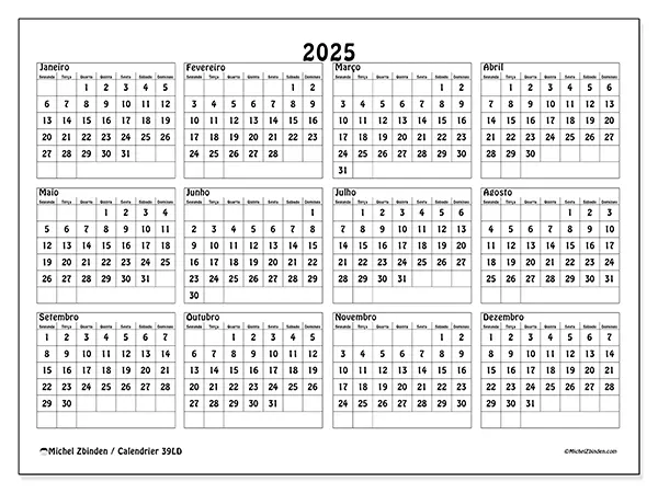 Calendário n.° 39 gratuito para imprimir, 2025. Semana:  