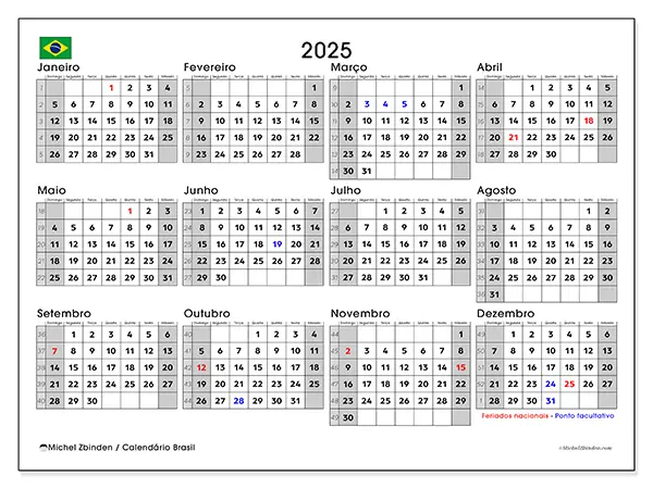 Calendário Brasil para 2025 para imprimir gratuitamente. A semana: Domingo a sábado.