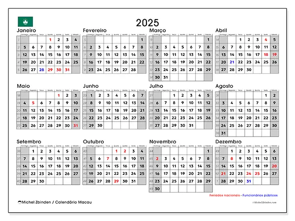 Calendário Macau para 2025 para imprimir gratuitamente. A semana: Domingo a sábado.