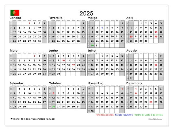 Calendário Portugal para 2025 para imprimir gratuitamente. A semana: Domingo a sábado.