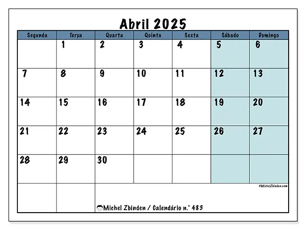 Calendário n.° 483 gratuito para imprimir, abril 2025. Semana:  Segunda-feira a domingo