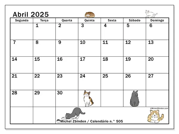 Calendário n.° 505 para abril de 2025, que pode ser impresso gratuitamente. Semana:  Segunda-feira a domingo.
