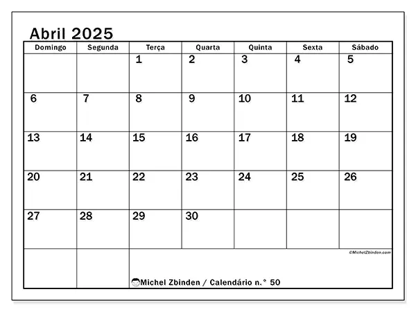 Calendário n.° 50 para abril de 2025, que pode ser impresso gratuitamente. Semana:  De domingo a sábado.