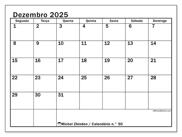 Calendário n.° 50 gratuito para imprimir, dezembro 2025. Semana:  Segunda-feira a domingo