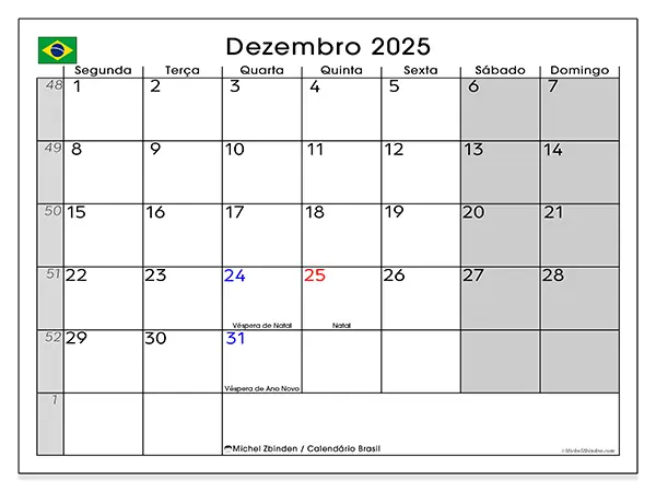 Calendário Brasil gratuito para imprimir, dezembro 2025. Semana:  Segunda-feira a domingo