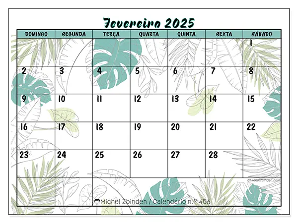 Calendário para imprimir n° 456, fevereiro de 2025