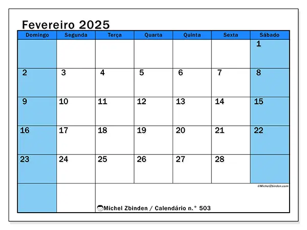 Calendário para imprimir n° 501, fevereiro de 2025