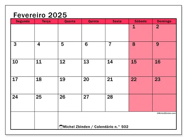 Calendário para imprimir n° 502, fevereiro de 2025