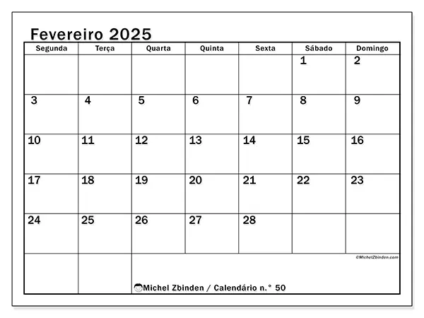 Calendário para imprimir n° 50, fevereiro de 2025