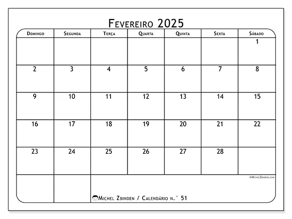 Calendário para imprimir n° 51, fevereiro de 2025