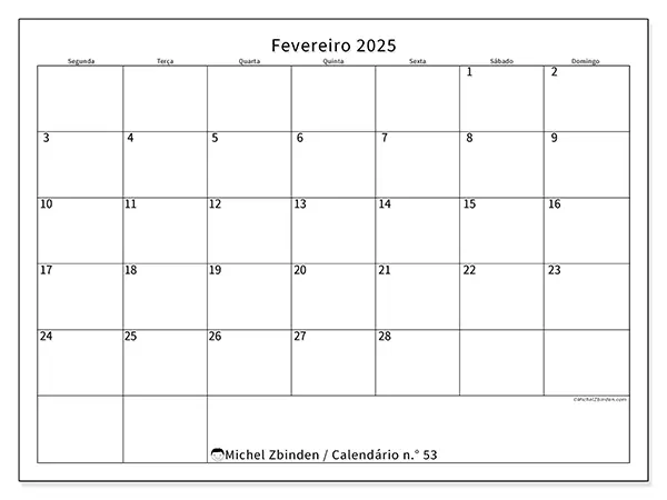 Calendário fevereiro 2025 53SD