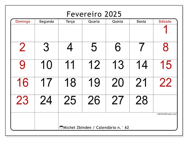 Calendário para imprimir n° 62, fevereiro de 2025