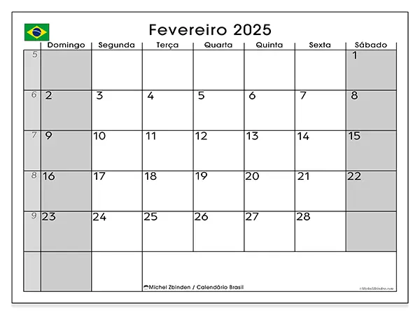 Calendário Brasil para fevereiro de 2025, que pode ser impresso gratuitamente. Semana:  De domingo a sábado.