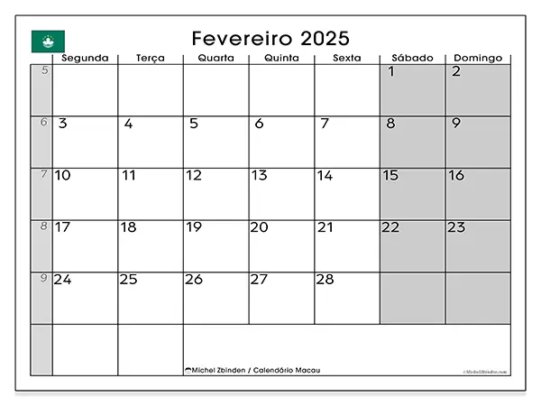 Calendário Macau para fevereiro de 2025, que pode ser impresso gratuitamente. Semana:  Segunda-feira a domingo.
