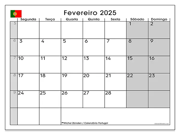 Calendário Portugal para fevereiro de 2025, que pode ser impresso gratuitamente. Semana:  Segunda-feira a domingo.