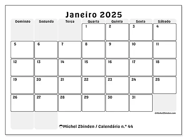 Calendário n.° 44 para janeiro de 2025, que pode ser impresso gratuitamente. Semana:  De domingo a sábado.