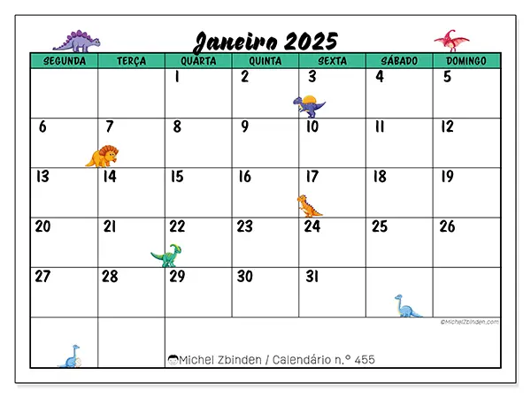 Calendário para imprimir n° 455, janeiro de 2025