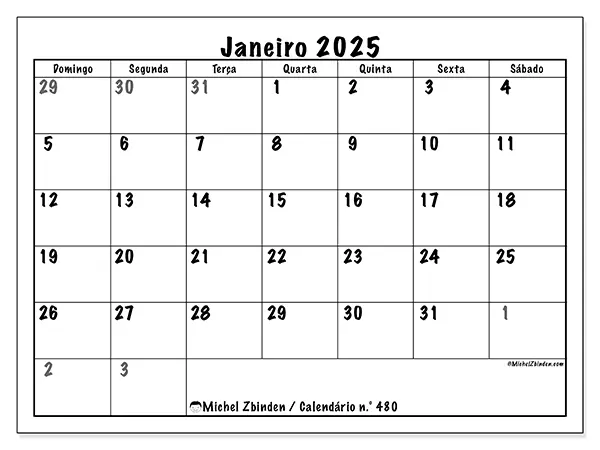 Calendário n.° 480 gratuito para imprimir, janeiro 2025. Semana:  De domingo a sábado