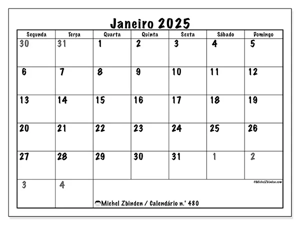 Calendário para imprimir n° 480, janeiro de 2025