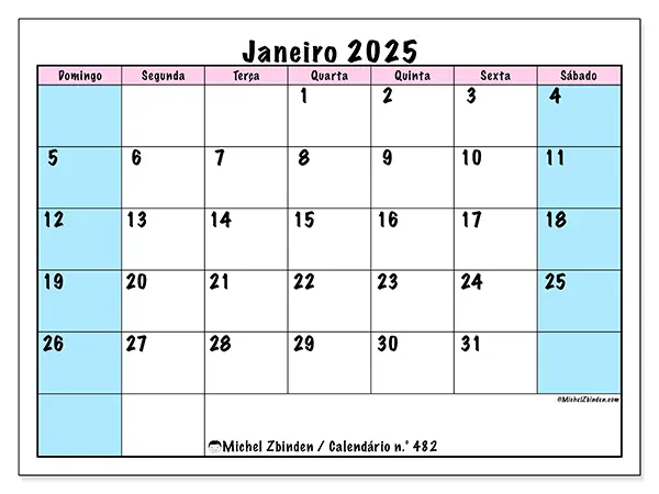 Calendário n.° 482 para janeiro de 2025, que pode ser impresso gratuitamente. Semana:  De domingo a sábado.