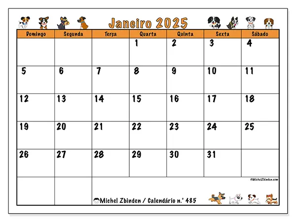 Calendário n.° 485 para janeiro de 2025, que pode ser impresso gratuitamente. Semana:  De domingo a sábado.