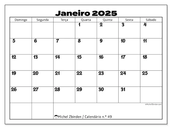 Calendário para imprimir n° 49, janeiro de 2025
