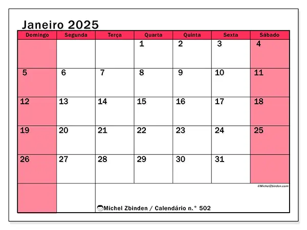 Calendário para imprimir n° 502, janeiro de 2025