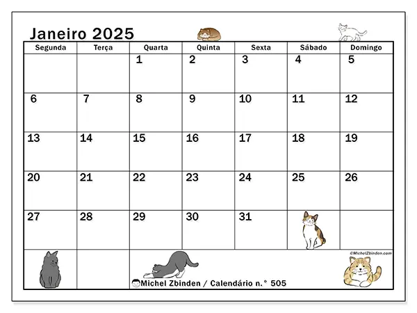 Calendário n.° 505 para janeiro de 2025, que pode ser impresso gratuitamente. Semana:  Segunda-feira a domingo.