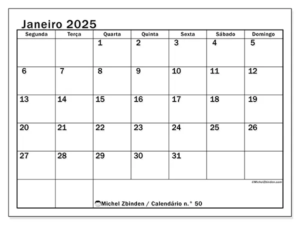 Calendário n.° 50 para janeiro de 2025, que pode ser impresso gratuitamente. Semana:  Segunda-feira a domingo.