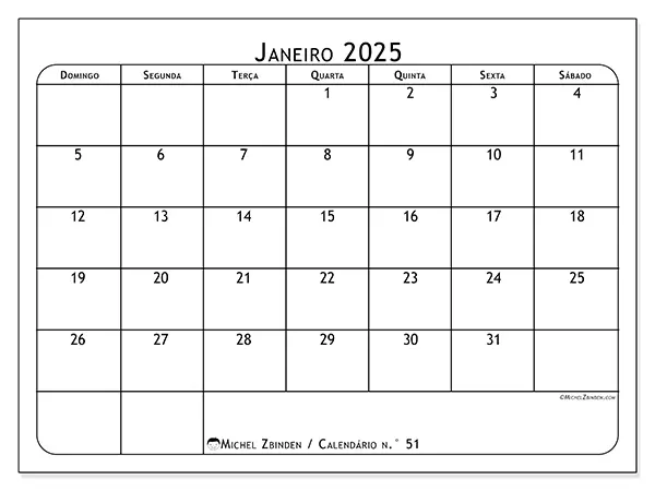 Calendário n.° 51 para janeiro de 2025, que pode ser impresso gratuitamente. Semana:  De domingo a sábado.
