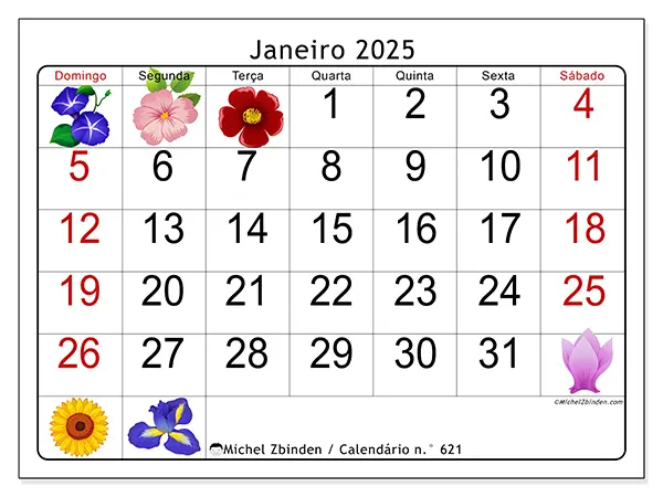 Calendário para imprimir n° 621, janeiro de 2025