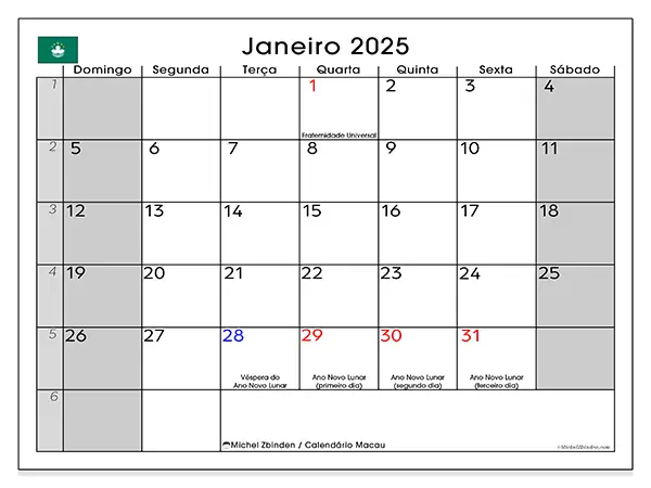 Calendário Macau para janeiro de 2025, que pode ser impresso gratuitamente. Semana:  De domingo a sábado.