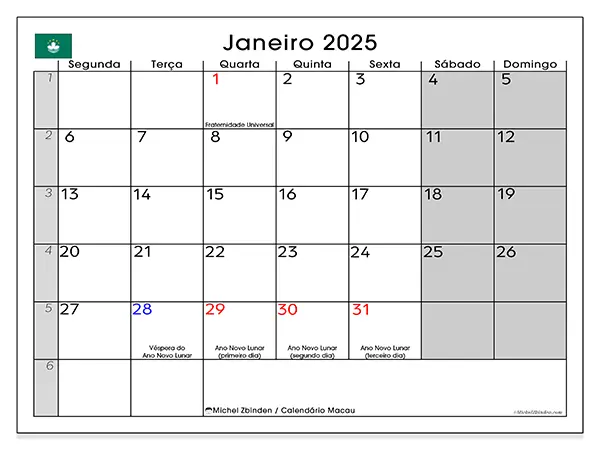 Calendário Macau para janeiro de 2025, que pode ser impresso gratuitamente. Semana:  Segunda-feira a domingo.
