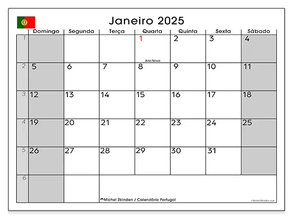 Calendário Portugal para janeiro de 2025, que pode ser impresso gratuitamente. Semana:  De domingo a sábado.