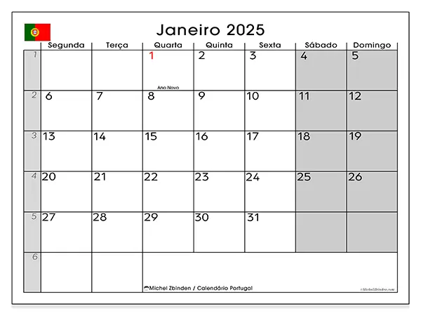 Calendário Portugal para janeiro de 2025, que pode ser impresso gratuitamente. Semana:  Segunda-feira a domingo.