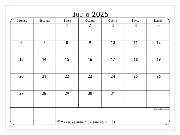 Calendário n.° 51 gratuito para imprimir, julho 2025. Semana:  De domingo a sábado