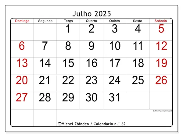 Calendário n.° 62 gratuito para imprimir, julho 2025. Semana:  De domingo a sábado