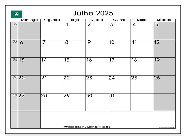 Calendário Macau gratuito para imprimir, julho 2025. Semana:  De domingo a sábado
