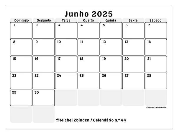 Calendário para imprimir n.° 44 para junho de 2025. Semana: Domingo a sábado.