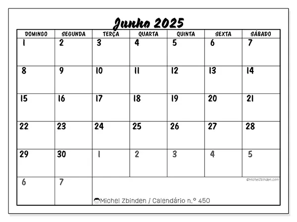 Calendário para imprimir n.° 450 para junho de 2025. Semana: Domingo a sábado.