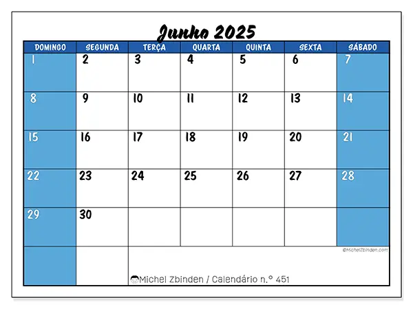 Calendário para imprimir n.° 451 para junho de 2025. Semana: Domingo a sábado.