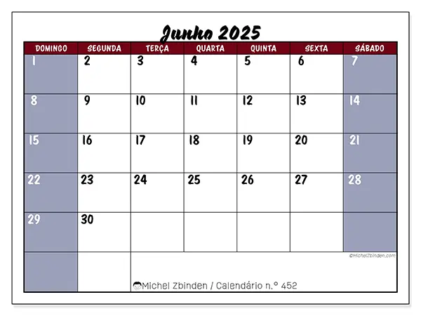 Calendário para imprimir n.° 452 para junho de 2025. Semana: Domingo a sábado.